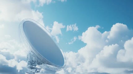 Futuristic satellite dish soaring above fluffy clouds, showcasing advanced technology, against a bright blue sky, ideal for sci-fi themes.