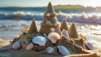 Sandcastle decorated with seashells on sunny beach