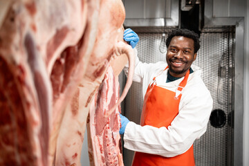 Experienced meat industry worker checking quality of pork meat in slaughterhouse.