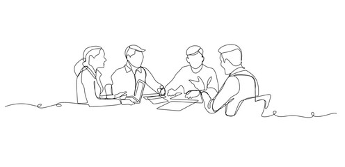 continuous line drawing of office workers at business meeting