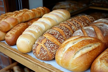 Various loaves of freshly baked bread displayed on a shelf