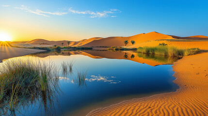 Obraz premium Stunning desert oasis at sunset with reflective water and dunes in tranquil landscape