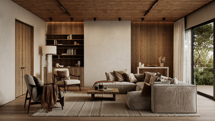 Contemporary loft interior with sofa, armchairs, pillows, coffee table, wood panels, bookshelves and decor. 3d render illustration mockup.