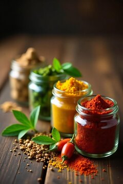 Assortment of aromatic herbs and spices in small glass jars, variety, seasoning, collection