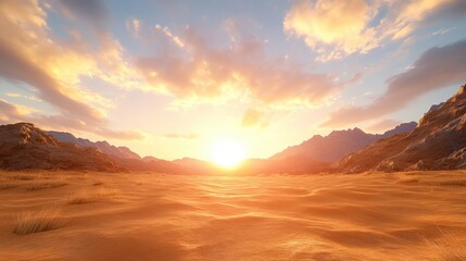 Naklejka premium A breathtaking sunset over a vast desert landscape, with golden sands and colorful clouds illuminating the sky.