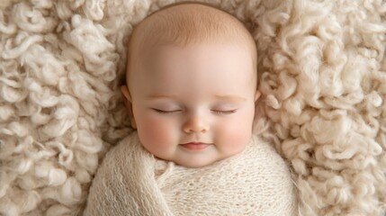 Joyful infant smiling, Caucasian baby wrapped in soft blanket, serene expression, cozy atmosphere, perfect for family memories.