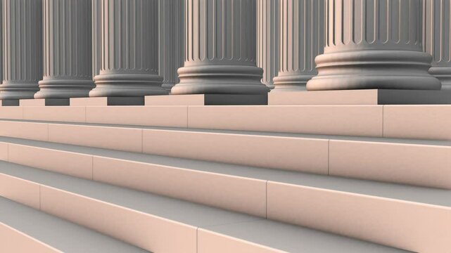 Marble Columns. Loopable View on column foot. Panning Shot Of Greek Columns Outside A Courthouse, Column Row of Courthouse, looped footage for Business video. Railing of a 3d stone staircase