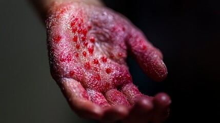 Close-up of itchy hand from mosquito bites, showing a cluster of red raised bumps and skin irritation caused by scratching
