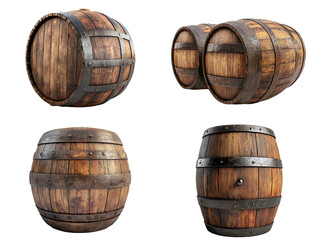 Collection of Vintage Wooden Barrels with Iron Bands Isolated on White Background