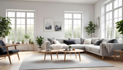 Fototapeta premium A living room with set of sofa and a light wooden floor.