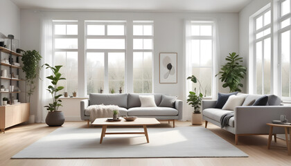 Fototapeta premium A living room with set of sofa and a light wooden floor.