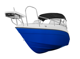 A blue yacht boat is shown in a white background.