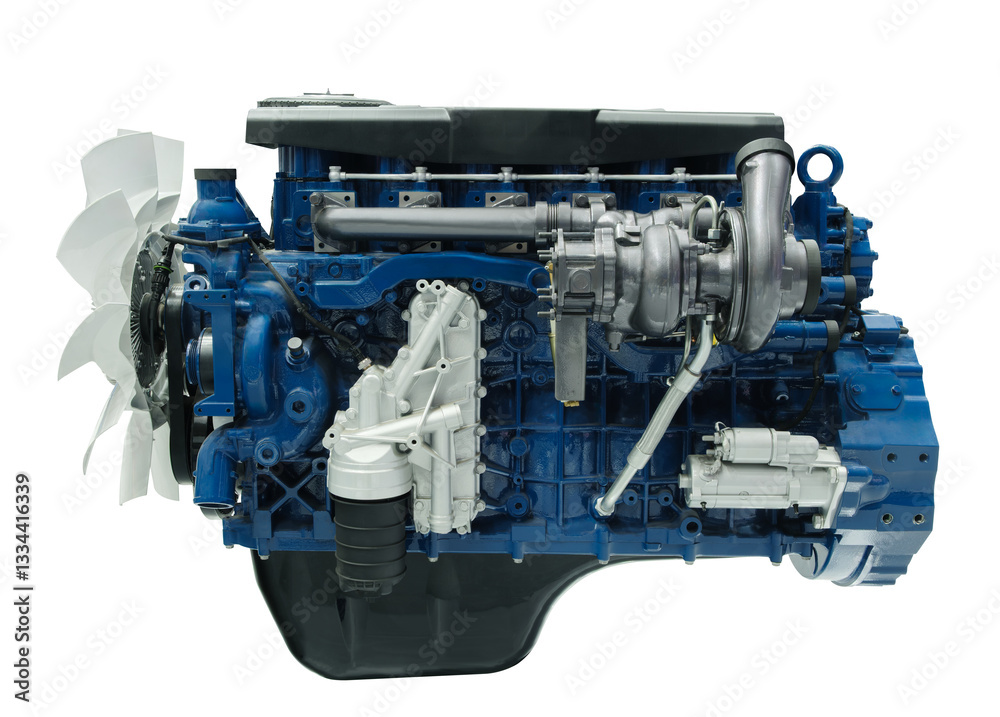 Poster a blue engine with a white fan on the front. the engine is a large industrial engine isolated on whi