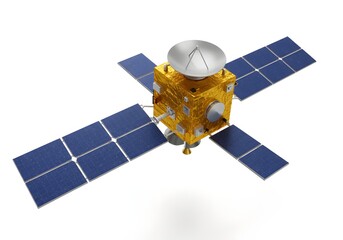 Modern Satellite on Bright White Background &ndash; Precision Engineering for Global Connectivity