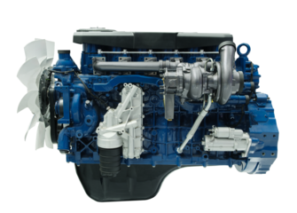 A blue engine with a white fan on the front. The engine is a large industrial engine isolated on white transparent background