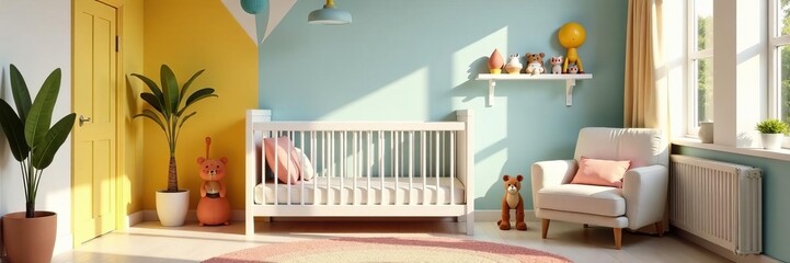 Brightly painted nursery with colorful toys and cozy crib, room, toys, fresh