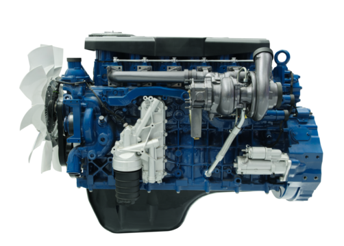 A blue engine with a white fan on the front. The engine is a large industrial engine isolated on white transparent background - Powered by Adobe