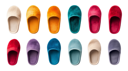 Colorful soft slippers in various shades on transparent background