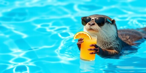 Chill otter in sunglasses floats on bright blue water, holding a summer drink with orange slice,  enjoyment, cool
