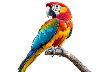 Fototapeta premium A vibrant scarlet macaw parrot perched on a weathered branch against a pure white background displays its brilliantly colored plumage.