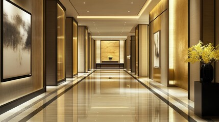 Elegant hotel hallway with golden accents, soft lighting, and modern artwork on the walls.