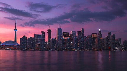A view of the Toronto skyline at sunset with the CN Tower prominently featured.