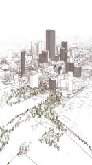 Fototapeta premium Architectural cityscape drawing depicting city buildings, parks, and roads in a contemporary and artistic interpretation of urban design and construction