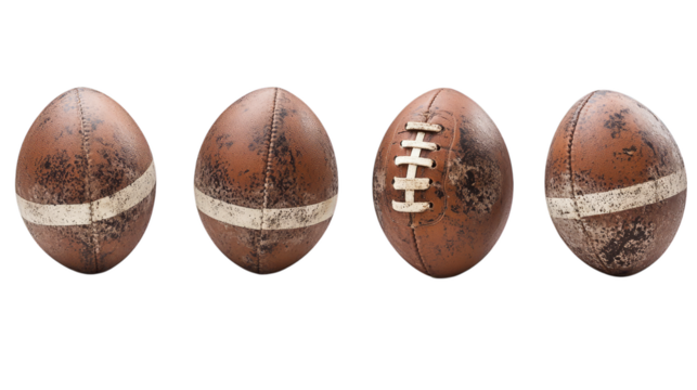 Aged american footballs in four different positions on transparent background