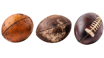 Three vintage leather american footballs displaying age and wear