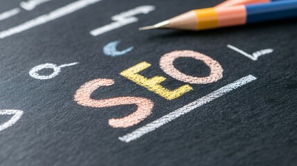SEO strategy planning, colorful chalk writing on blackboard, vibrant ideas for digital marketing, creative workspace environment.