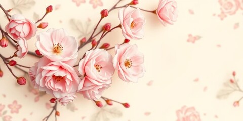 Subtle blush rose blossoms on a creamy backdrop, delicate floral pattern, botanical print, painted roses