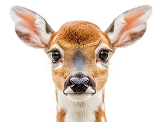 An adorable young deer fawn stares directly at the camera with big expressive eyes against a pure white background.