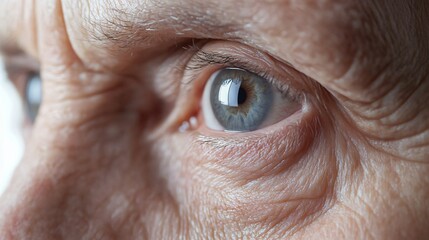 Close-up of elderly man's eye, detailed blue iris, expression showing wisdom and experience, introspective theme for storytelling.