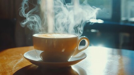 Aromatic coffee cup with heart shaped latte art, steaming on a wooden table in soft natural light creating a cozy atmosphere