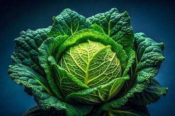 Obraz premium Close-up Portrait of a Fresh Green Cabbage Head, Vibrant Vegetable Still Life Photography