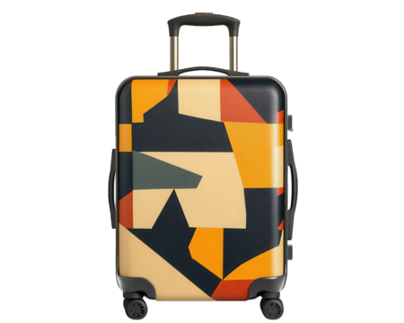 Stylish suitcase with geometric pattern, perfect for travel. Its vibrant colors and modern design make it standout accessory for any journey
