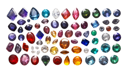 Assorted colorful gemstones collection - diamonds, rubies, sapphires, emeralds, topaz