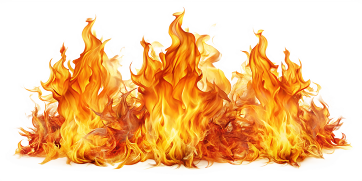 set of bright and dynamic fire flames  isolated on white background .PNG