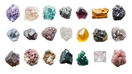 Collection of diverse raw minerals and crystals in various colors and shapes