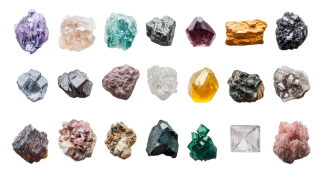 Collection of diverse raw minerals and crystals in various colors and shapes