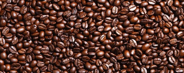 Aromatic roasted coffee beans create an inviting and stimulating textural background, perfect for illustrating the rich flavor and vibrant energy of coffee