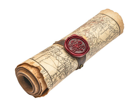Ancient map rolled into scroll with wax seal, showcasing intricate details and historical significance. Perfect for adventure enthusiasts and history lovers