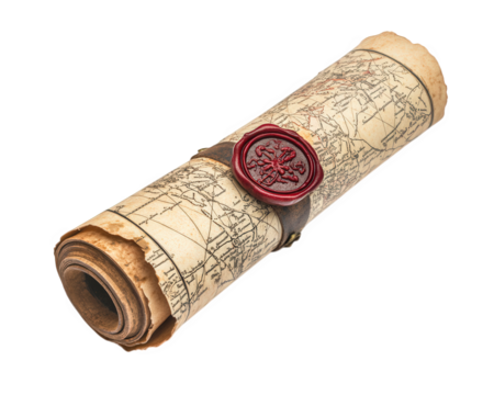 Ancient map rolled into scroll with wax seal, showcasing intricate details and historical significance. Perfect for adventure enthusiasts and history lovers
