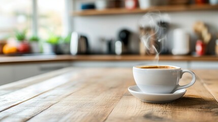 Fototapeta premium Freshly Brewed Coffee in White Cup with Steam on Wooden Table