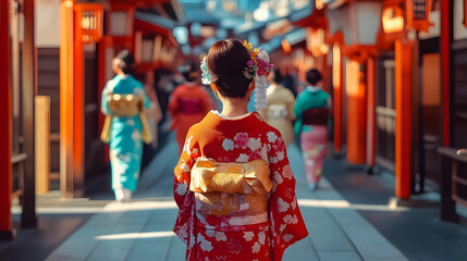Fototapeta premium Culture Day in Japan. a holiday in Japan. Japanese architecture. a girl in a traditional Japanese outfit. asian woman