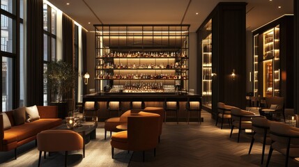 Five-star hotel lobby with a luxurious bar area, stylish seating, and sophisticated lighting.