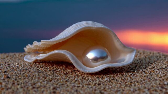 Open seashell with pearl on sandy beach at sunset, symbolizes wealth and beauty