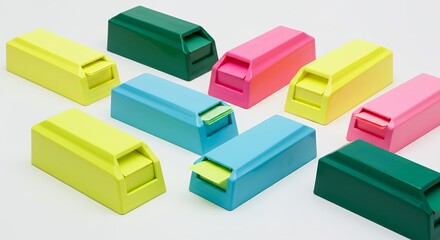 Obraz premium Colorful Sticky Note Dispensers Arranged on White Background for Office Use