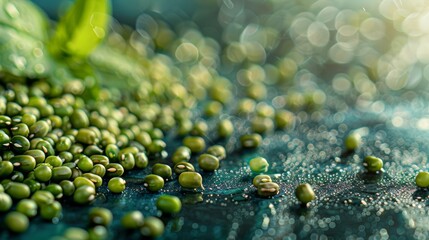 Artistic macro image of green mung beans scattered on a wet, dark surface with bokeh highlights and leaf details.