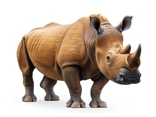 Fototapeta premium A large adult white rhinoceros stands majestically against a pure white background showcasing its thick hide and powerful build.
